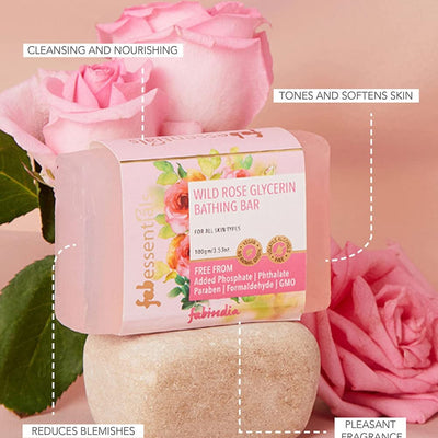 8x Fabessentials Wild Rose Glycerin Bathing Bar | with Castor Oil & Aloe Vera | for Refreshing, Nourishing and Cleansing Skin | Vegan & Toxin Free - 100 gm Pack of 8