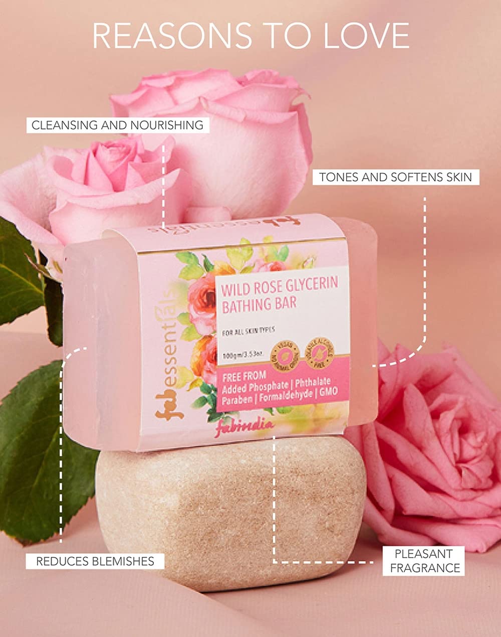 8x Fabessentials Wild Rose Glycerin Bathing Bar | with Castor Oil & Aloe Vera | for Refreshing, Nourishing and Cleansing Skin | Vegan & Toxin Free - 100 gm Pack of 8