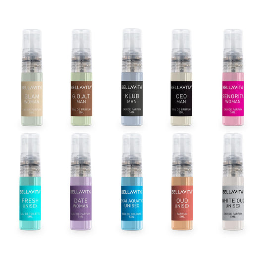 Bella Vita Luxury Trial Pack of 10 x 5ml Pocket Perfumes for Men Women Unisex Fragrance Mix of EDP, EDT & EDC Long Lasting Perfume Sweet, Floral, Woody, Musky & Spicy