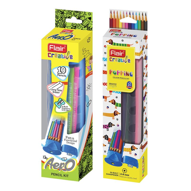 Flair Creative Series 10 Wooden Aero Pencil Kit & 12 Shades Popping Color Pencil Art combo pack