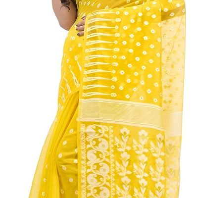 AS Aishwarya Sarees Cotton Silk Women's Bengal Special Soft Dhakai Jamdani Saree For Women With Blouse Piece (Yellow)