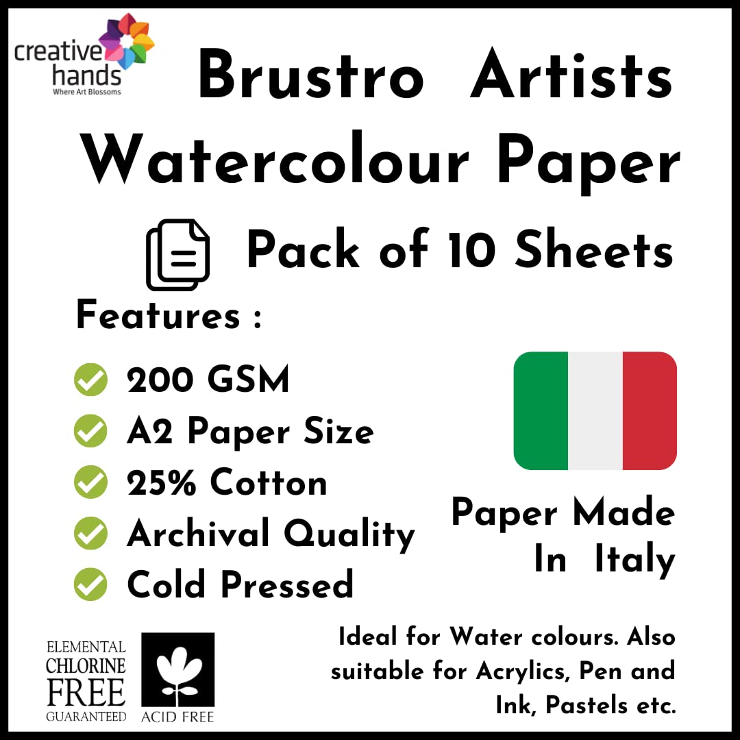 Brustro Artists' Watercolour Paper 25% Cotton Cold Pressed 200 GSM, Size - A2, 10 Sheets