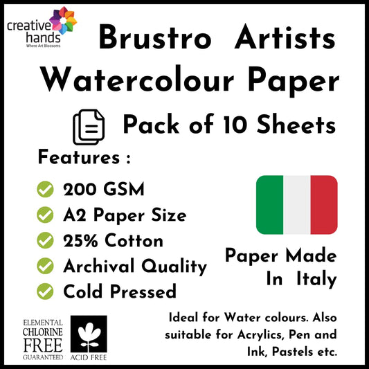 Brustro Artists' Watercolour Paper 25% Cotton Cold Pressed 200 GSM, Size - A2, 10 Sheets