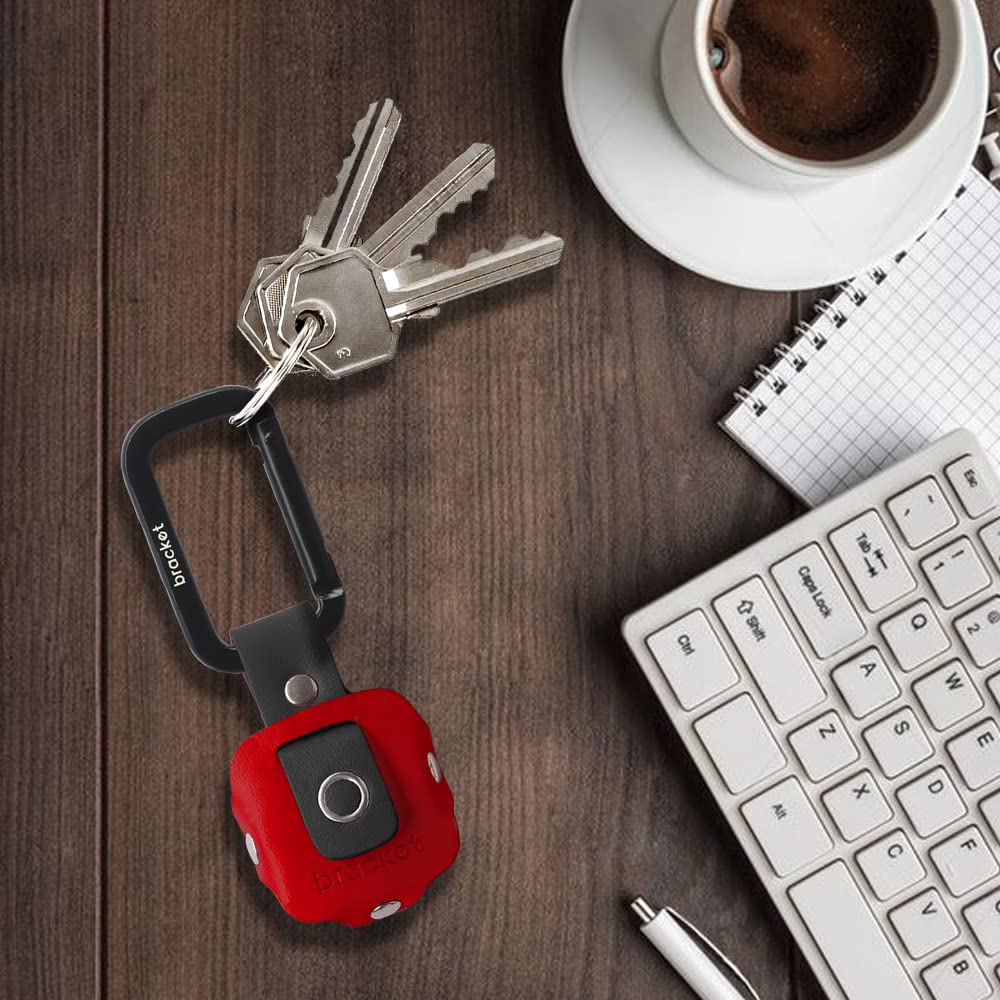 Airtag Premium Leather Key Ring Holder Case Cover Compatible with Apple Airtag, Comes with Metal Carabiner & Transparent AirTag Protective Film (1-Pack, Red & Black) (AirTag Not Included)