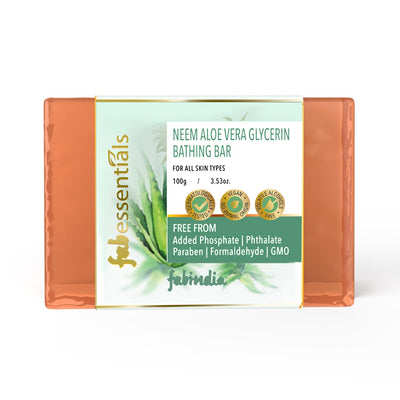 8x Fabessentials Neem Aloe Vera Glycerin Bathing Bar | with Natural Bioactives | for Cleansing, Nourishing and Refreshing Skin | Vegan & Toxin Free - 100 gm Pack of 8