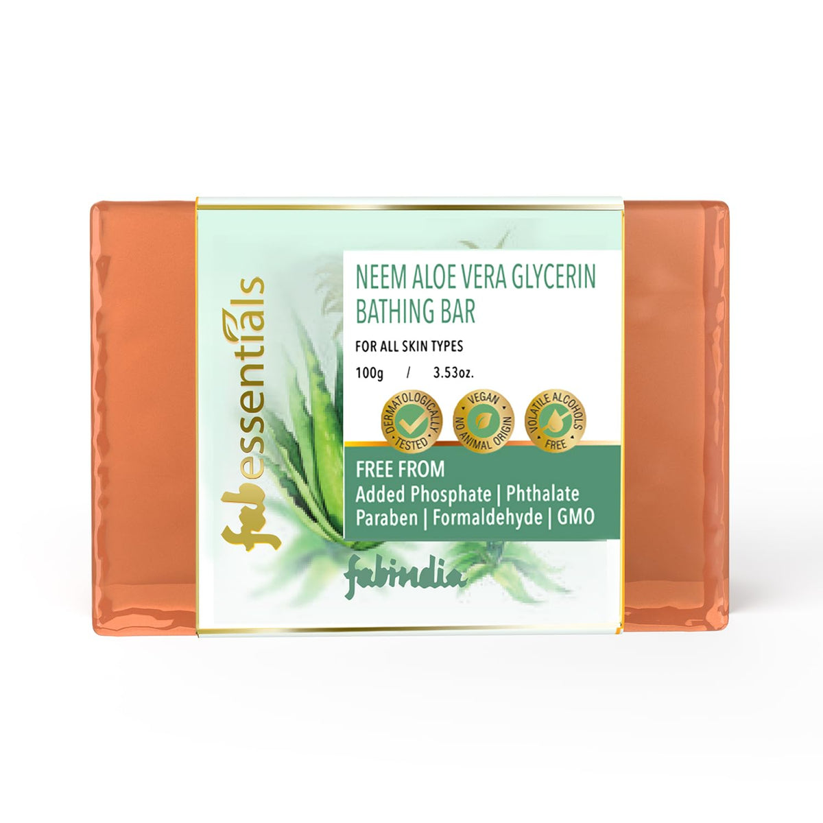 8x Fabessentials Neem Aloe Vera Glycerin Bathing Bar | with Natural Bioactives | for Cleansing, Nourishing and Refreshing Skin | Vegan & Toxin Free - 100 gm Pack of 8