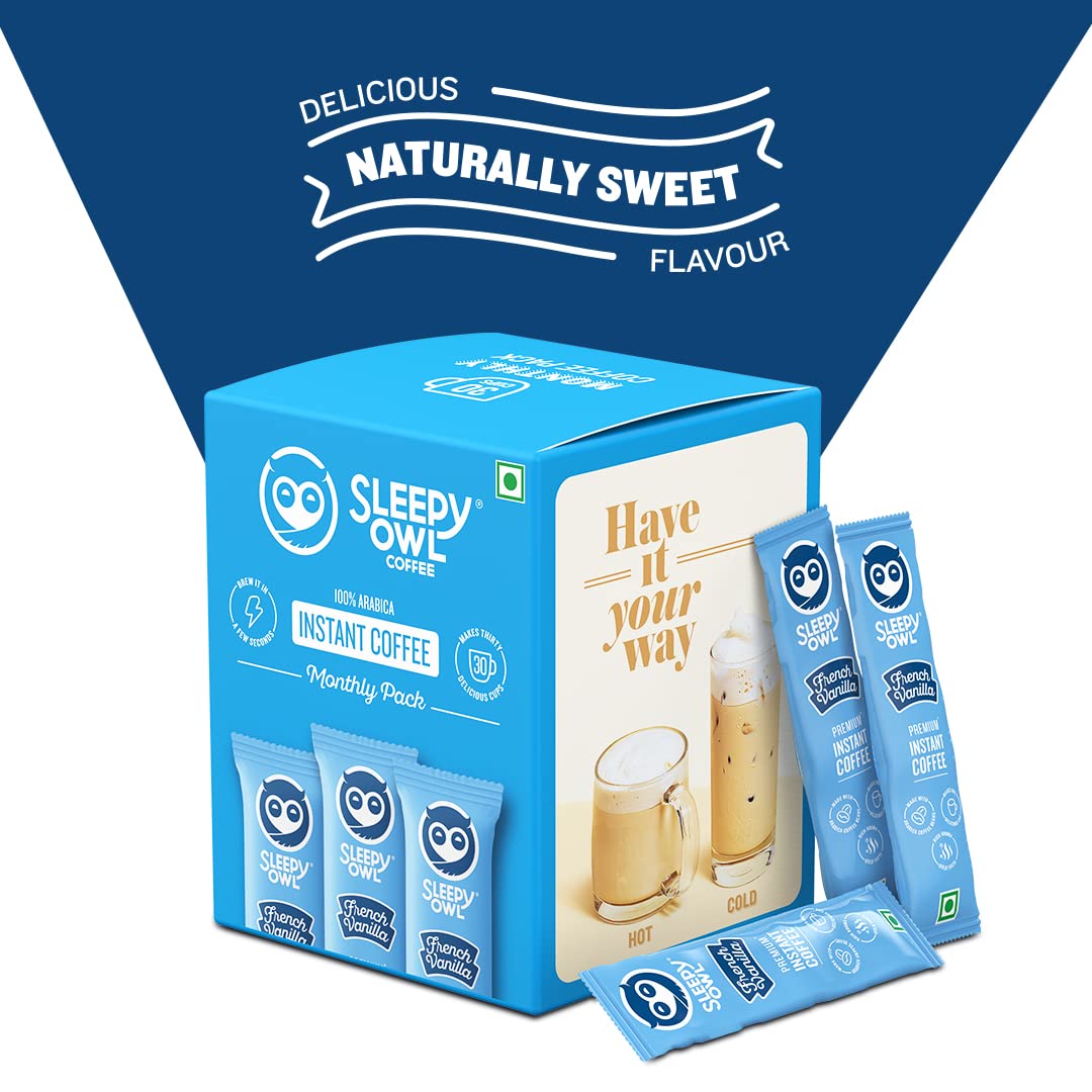 Sleepy Owl French Vanilla Flavour 100% Arabica Coffee Sachets | 60g - Pack of 30 x 2g Instant Coffee Powder Sachets | Travel Friendly