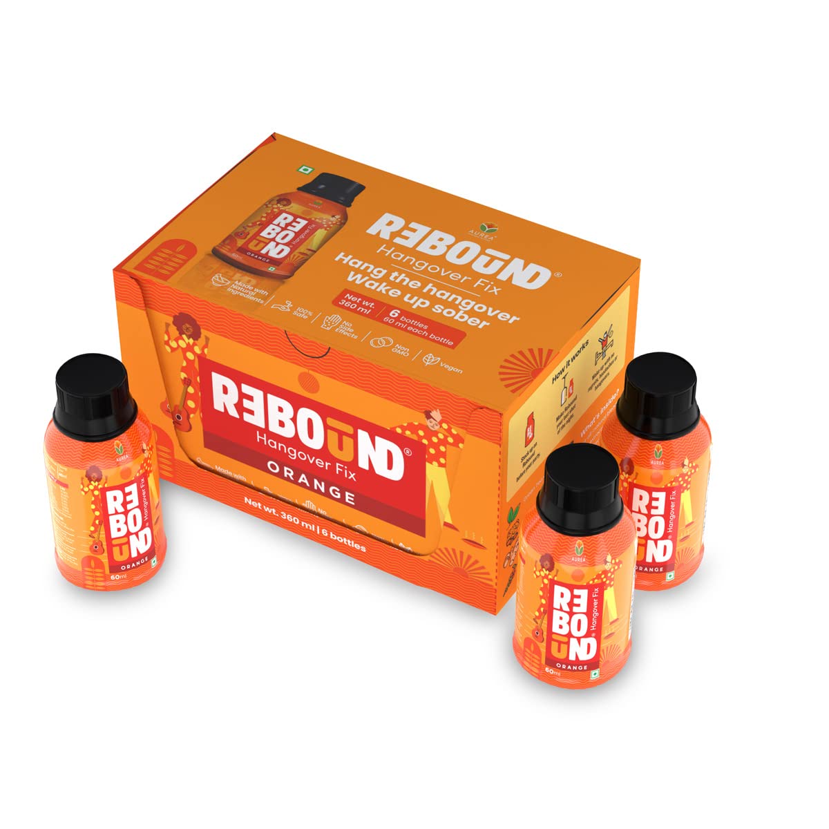 Rebound Orange Flavor Pack Of 6 - Clinically Proven Anti- Hangover Drink | 100% Safe & Vegan | Made With Natural Ingredients | Hangover Free Wake Up Next Day | Pocket Friendly | No Side Effects