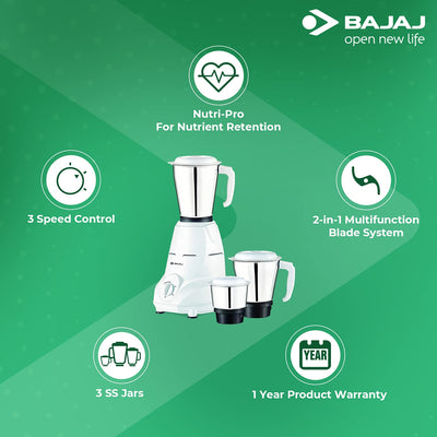 Bajaj Rex 500W Mixer Grinder with Nutri-Pro Feature, 3 Jars, White (Indian Plug)