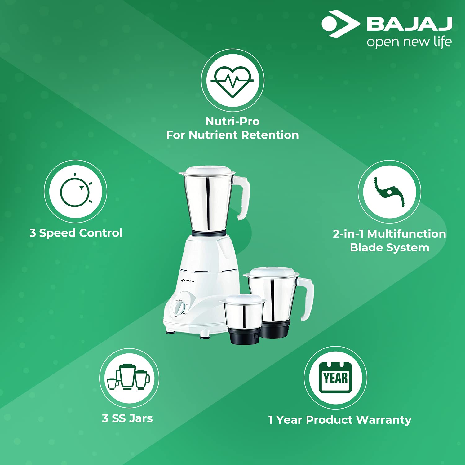 Bajaj Rex 500W Mixer Grinder with Nutri-Pro Feature, 3 Jars, White (Indian Plug)