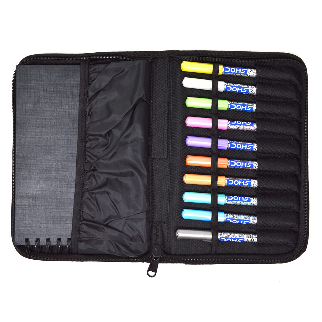 DOMS Metallist Series Metallic Brush Pen Travel Kit in Zip Case | 10 Assorted Shades of Metallic Brush Pen | 1 Sketch Pad