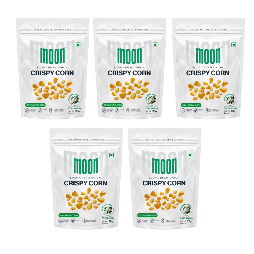 Moon Freeze Dried Sour Cream Onion Crispy Corn 20g Pack of 05 (20g X 5) |Not Baked or Fried | No GMO |No Oil & Preservatives | Healthy Snacks | Source of Fiber | 100% Natural Light & Crispy Corn