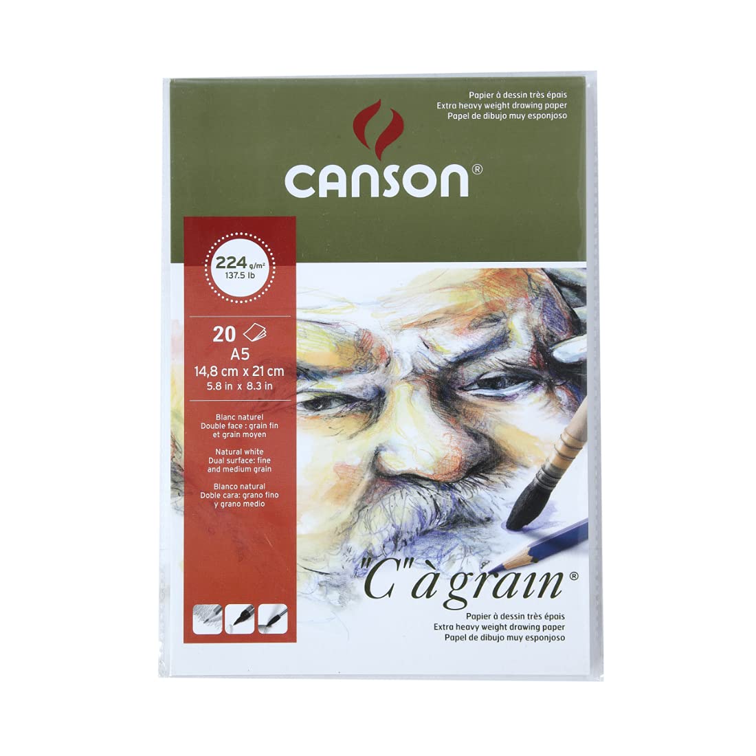 Canson C à Grain Drawing 224 GSM Light Grain A5 Paper Sheets (White, 20 Sheets x Pack of 2) (CN200021003P2)