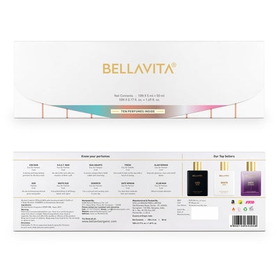 Bella Vita Luxury Trial Pack of 10 x 5ml Pocket Perfumes for Men Women Unisex Fragrance Mix of EDP, EDT & EDC Long Lasting Perfume Sweet, Floral, Woody, Musky & Spicy