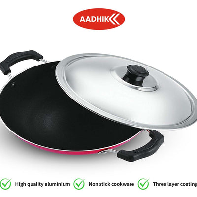 AADHIK Non-Stick Appa Chetty, Aluminium Appachatty, 23cm Diameter, 2.6mm Appachatti, Gas Compatible, Red