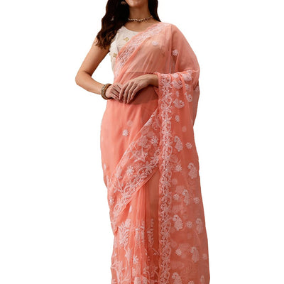Ada Latest Chikan Peach Georgette Fancy Saree Blouse With Designer Embroidered Motifs A130092
