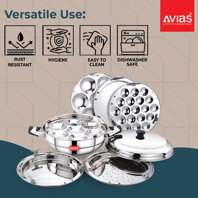 AVIAS All Rounder Premium Stainless Steel Induction Friendly Multipurpose Kadai, Kadhai Set with 6 Plates (1 Mini Idly Plate, 2 Big Idli Plates-14 Idlies, 2 Dhokla Plates, 1 Steamer Plate)
