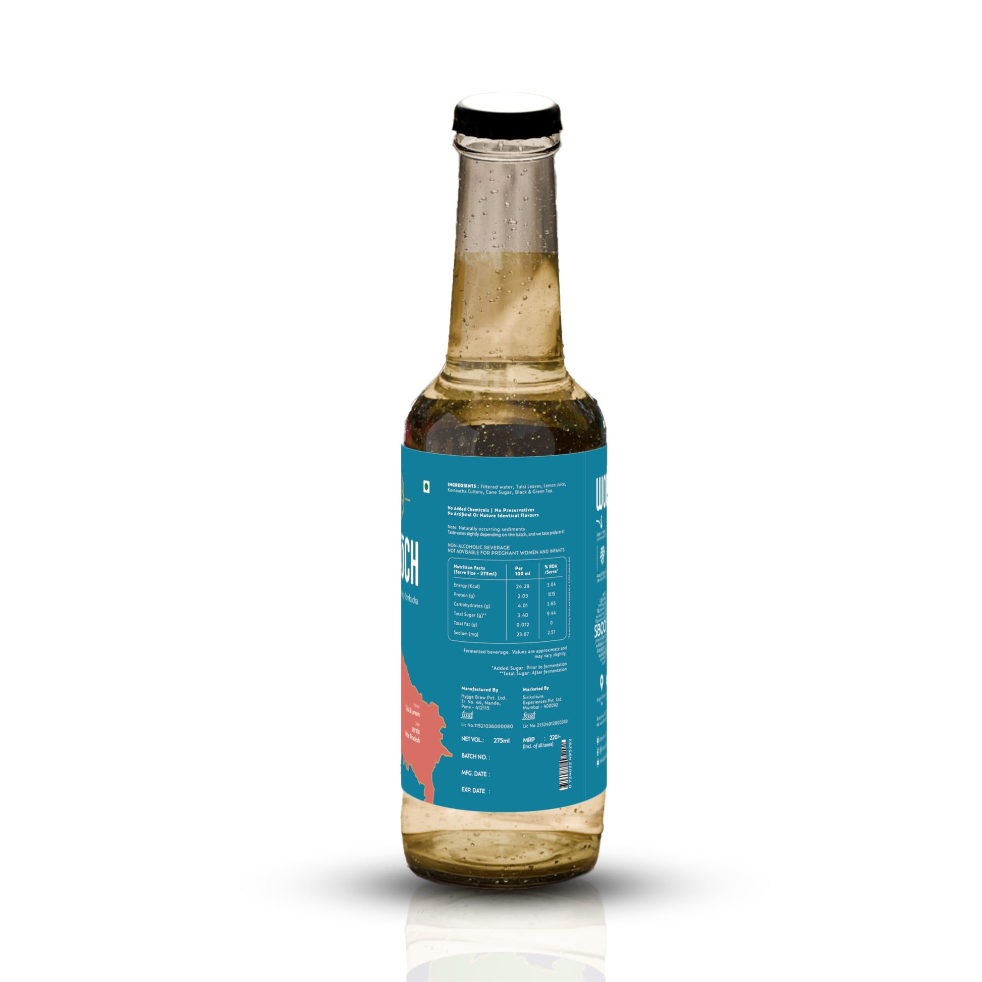 SBOOCH - Indian Sparkling Kombucha Tea | Tulsi & Lemon Flavor |275ml Pack of 6| Gut-Friendly Beverage | Antioxidant-Rich Zero Preservatives | Alcohol-Free Fermented Tea | Vegan & Gluten-Free
