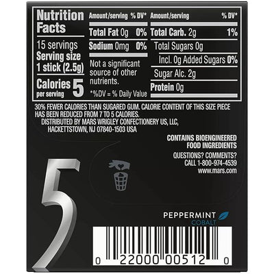 5 Cobalt Peppermint, Sugar Free Gum, 15 Sticks, 40.5 g