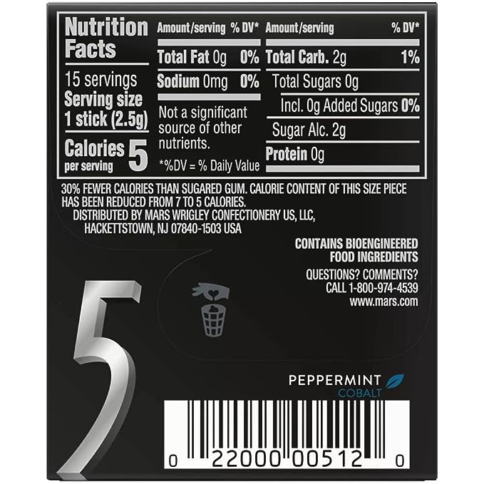 5 Cobalt Peppermint, Sugar Free Gum, 15 Sticks, 40.5 g