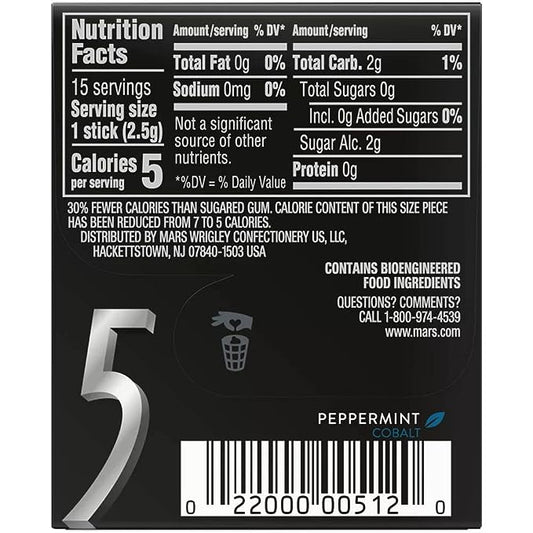 5 Cobalt Peppermint, Sugar Free Gum, 15 Sticks, 40.5 g