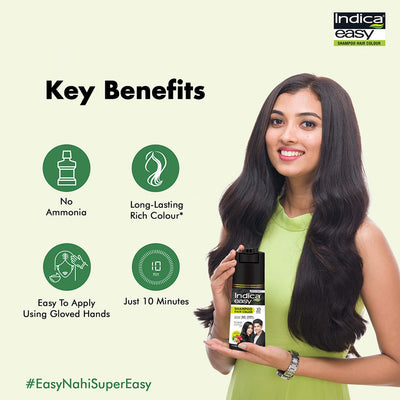 4x Indica Easy Hair Color Shampoo- Natural Black for Women and Men| Pump pack with Herbal Extracts |Grey Coverage in 10mins | Ammonia Free | 180ml each (Pack of 4)