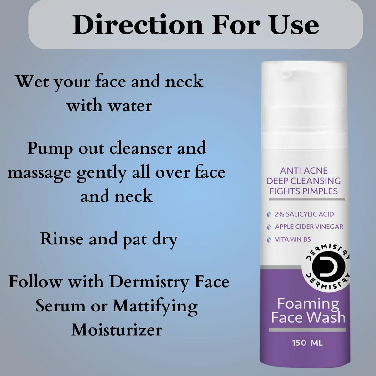 Dermistry 2% Salicylic Acid Niacinamide Anti Acne Deep Cleanser Oil Free Foaming Face Wash, Apple Cider, Zinc, Pimples & Excess Oil Removal for Oily Acne Pimple Prone Skin - Men Women