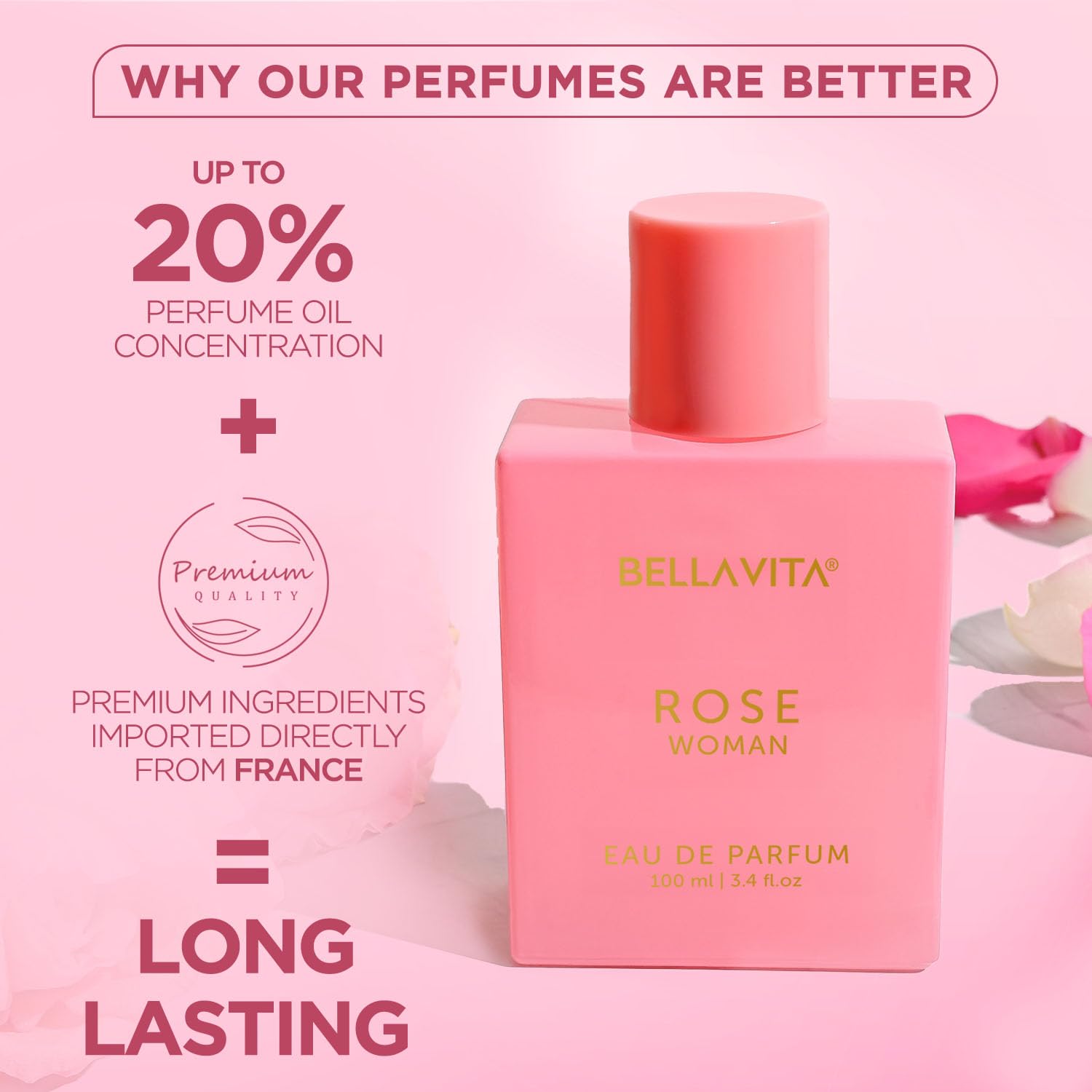 Bella Vita Luxury Rose Woman Eau De Parfum Perfume for Women with Black Currant, Vanilla, Jasmine|Floral & Sweet EDP Long Lasting Fragrance Scent 100 ML