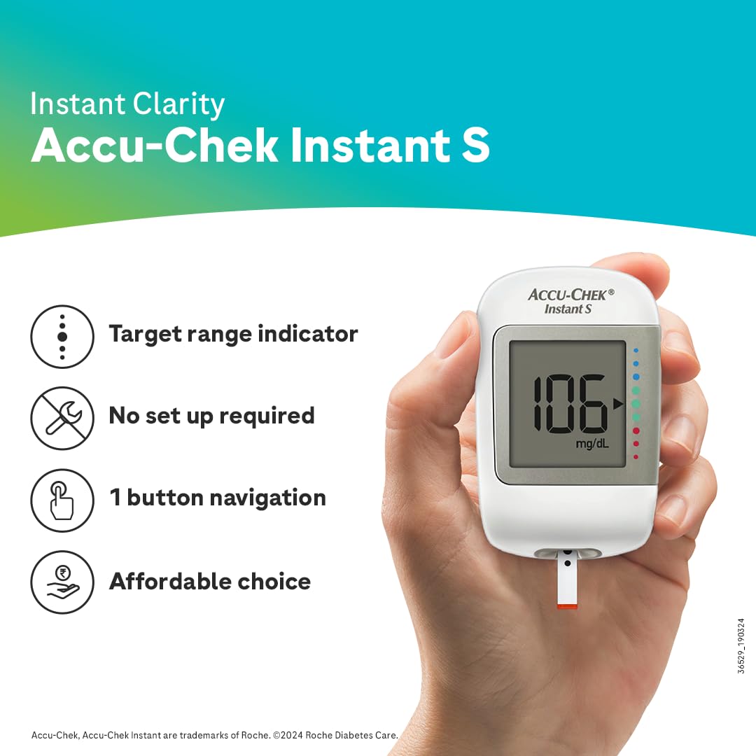 Accu-Chek Instant S Blood Glucose Glucometer Kit with Vial of 10 Strips, 10 Lancets and a Lancing Device Free for Accurate Blood Sugar Testing