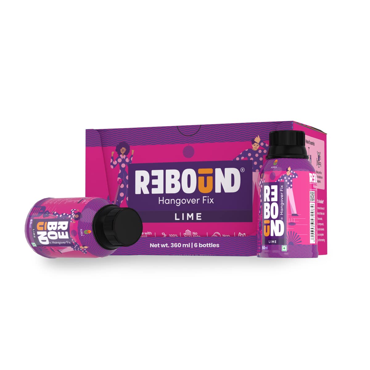 Rebound Lime Flavor Pack Of 6 (60ml) - Clinically Proven Anti- Hangover Drink | 100% Safe & Vegan | Natural Ingredients | Hangover Free Wake Up Next Day | Pocket Friendly | No Side Effects