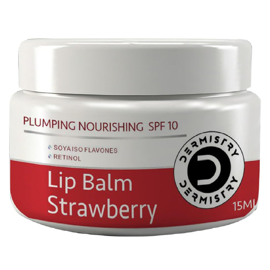 Dermistry Plumping Nourishing SPF10 Lip Balm Strawberry for Dry Dark Pigmented Chapped Lips, Shea Butter, Retinol, Coconut Oil, Moisturization Plumping, Glossy Finish Soft Pink Lips Women 15ml