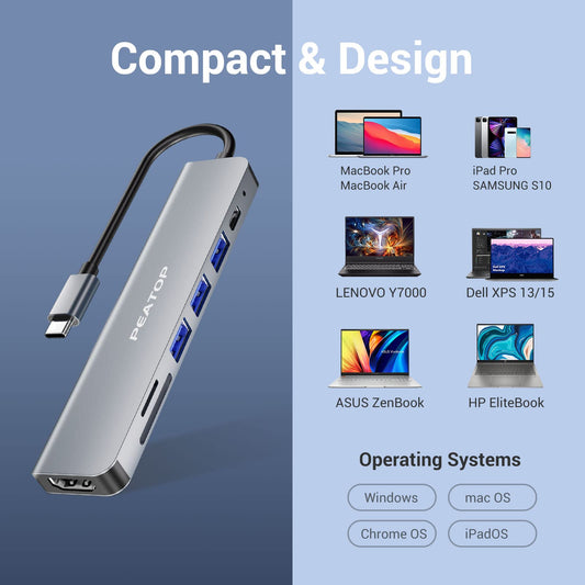 PEATOP 7-in-1 USB C Hub Docking Station for Laptop, Type C Male/Female 4K@60Hz HDMI Port, 100W PD3.0 Charging, SD/TF Card Reader, USB 3.0 5Gbps Ethernet & 2 USB 2.0 Ports