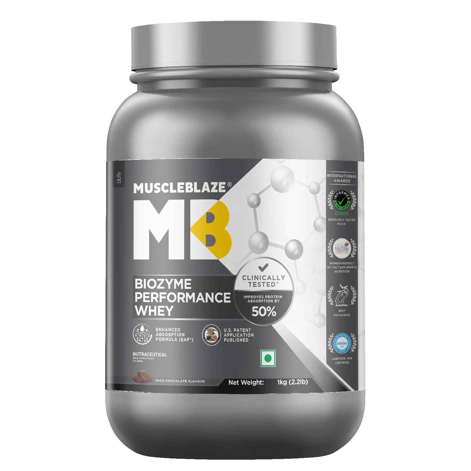 MuscleBlaze Biozyme Performance Whey Protein (Rich Chocolate, 1 kg / 2.2 lb)