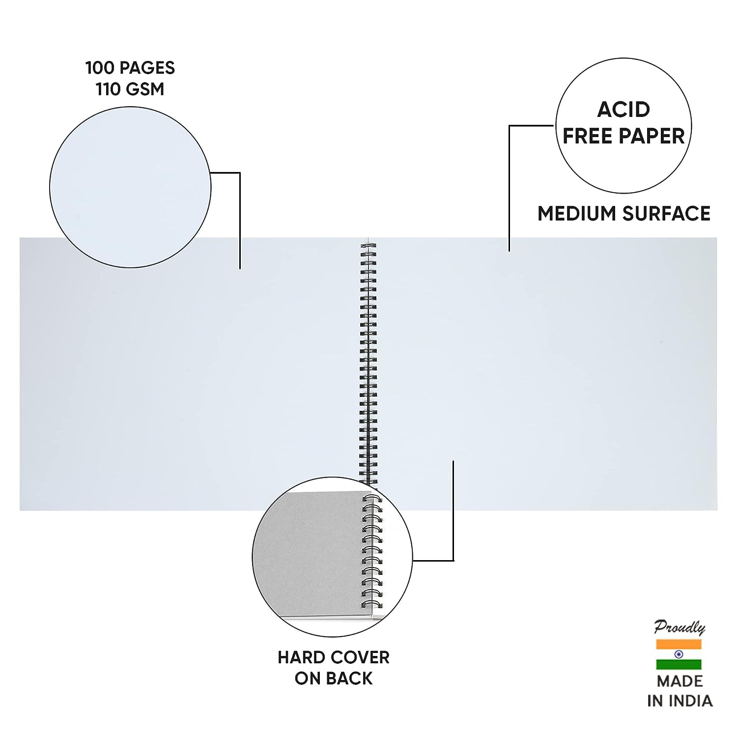 DOMS Wiro Binding Notebook | Sketch Pad | Plain | 110GSM | 50 Pages | 27.5 x 34.7 cm | Pack of 1 | for School, College and Office Use