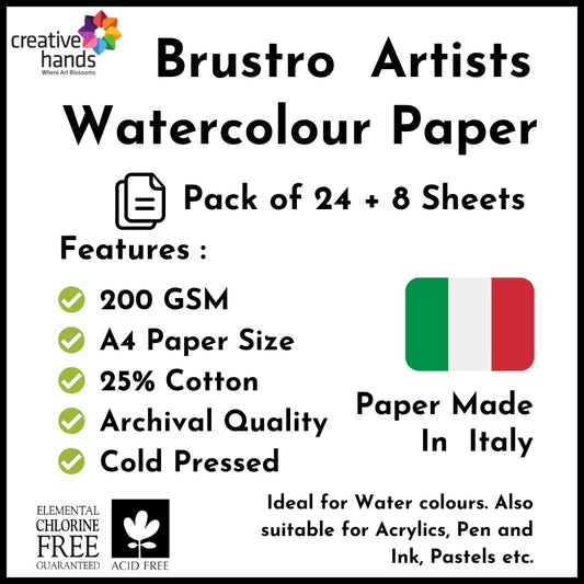 Brustro Artists Watercolour Paper, A4 Size, 200 GSM, 25% Cotton CP, 12 + 4 Sheets Free (Pack of 2)