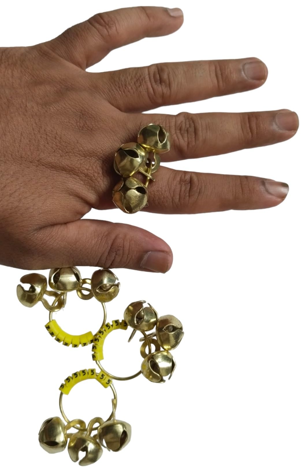 (Big Size, High Sound) Classy Looks Ghungroo Bells Finger Clapping Ring Yellow Kadi (Non Brass) Home Temple Pooja Aarti Bhajan Ganapati Ganesh Navratri Festivals Musical Gifting Goddess Chiming (2)
