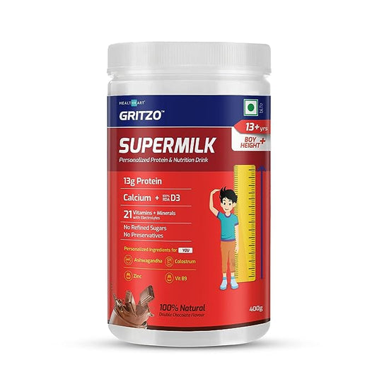 Gritzo SuperMilk Height+ for 13+y for Boys, Personalized Health Drink for Kids, High Protein (13 g) with Calcium + D3, 21 Vitamins & Minerals, Zero Refined Sugar, 100% Natural Double Chocolate, 400 g