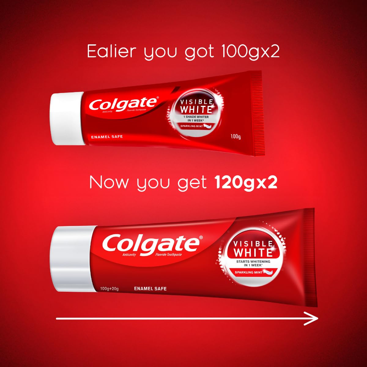 Colgate Visible White Toothpaste, Teeth Whitening Starts in 1 week, Safe on Enamel, Stain Removal Tooth Paste and Minty Flavour for Fresh Breath (200g + 40g, Combo Pack)