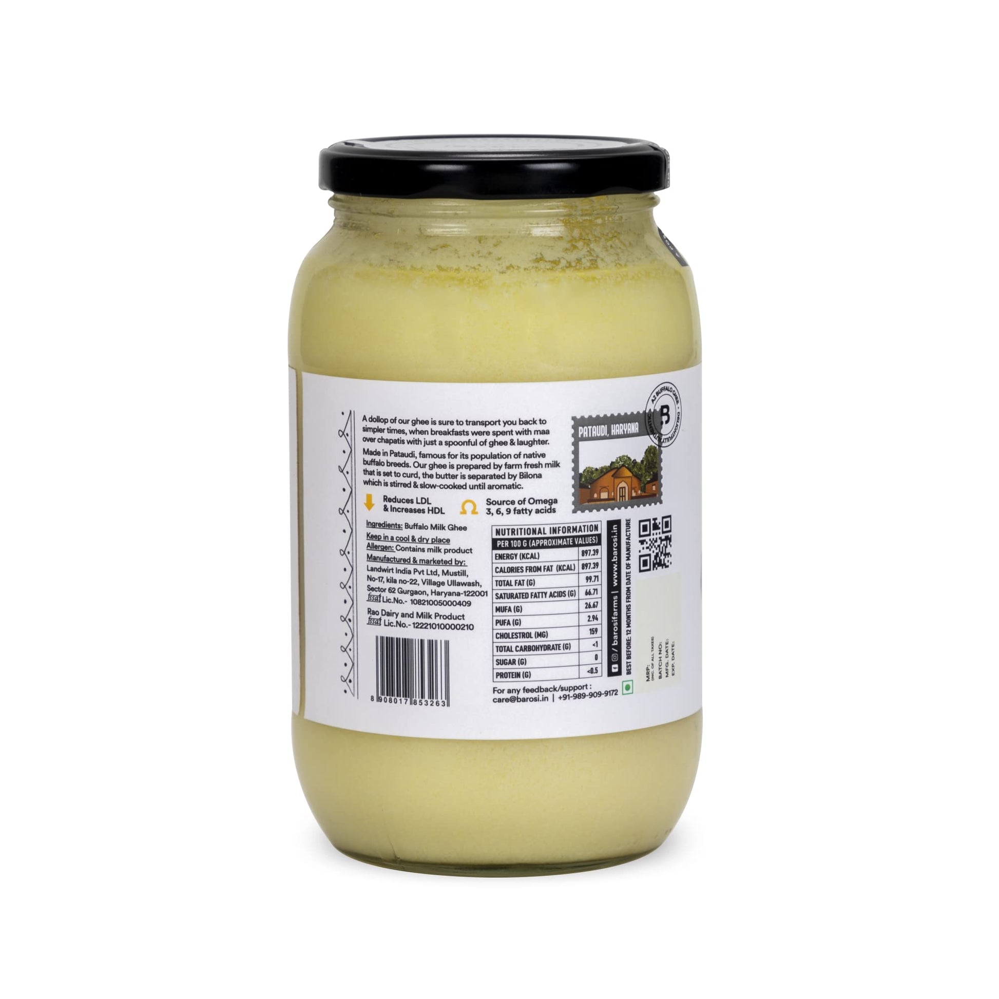 Barosi Premium Buffalo Ghee 1 Litre | Vedic Bilona Method | Churned From Curd | Pure & Natural | Farm Made In Small Batches | Glass Jar Packing