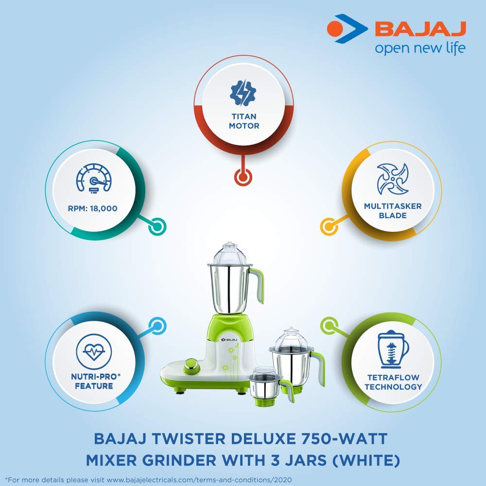 Bajaj Twister Deluxe 750-Watt Mixer Grinder with 3 Jars (White) (Indian Plug)