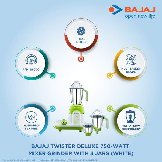Bajaj Twister Deluxe 750-Watt Mixer Grinder with 3 Jars (White) (Indian Plug)