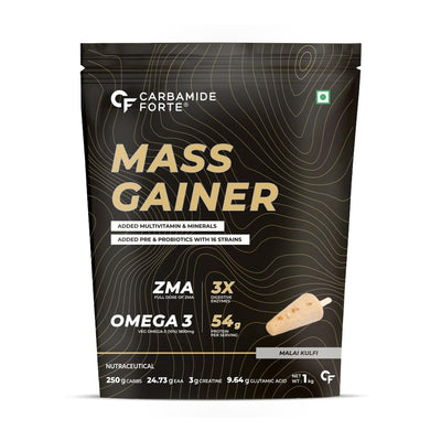 Carbamide Forte Mass Gainer With 54G Protein, 250G Carbs, Multivitamin, Zma & Creatine 3G - Weight Gainer For Men & Women - Malai Kulfi Flavour Powder - 1Kg