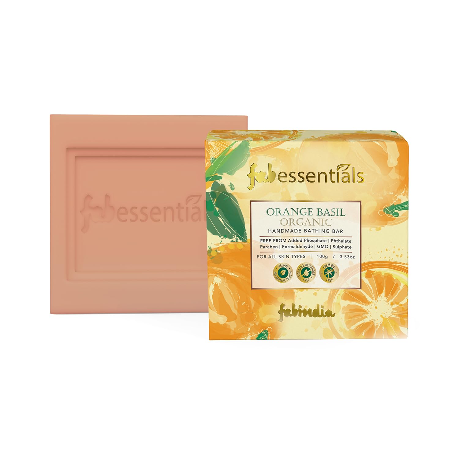 8x Fabessentials Orange Basil Organic Handmade Bathing Bar | with Natural Biaoctives | Cleanses, Nourishes & Brightens Skin | Vegan & Palm-Oil Free - 100 gm Pack of 8