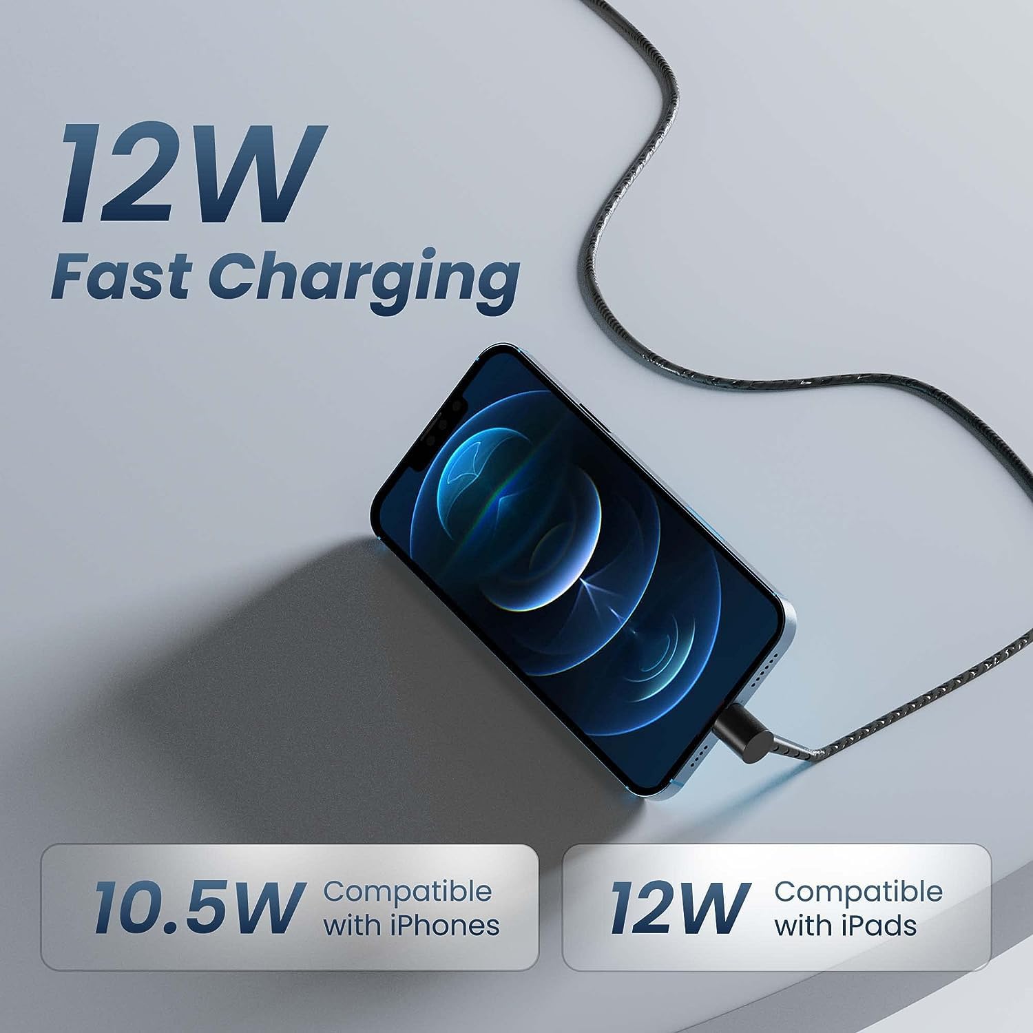 Ambrane Lightning Standing cable, 12W Fast Charging, Perfect for Holding Mobile while Charging/Binge-Watching & 480 Mbps Data Sync Cable for iPhone, iPad, AirPods - 1.5m (ABSL-15 Black)