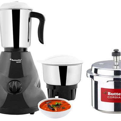 Butterfly Hero Mixer Grinder, 500W, 3 Jars (Grey) & Cordial Induction Base Aluminium Pressure Cooker with Outer Lid, 3 Litres, Silver