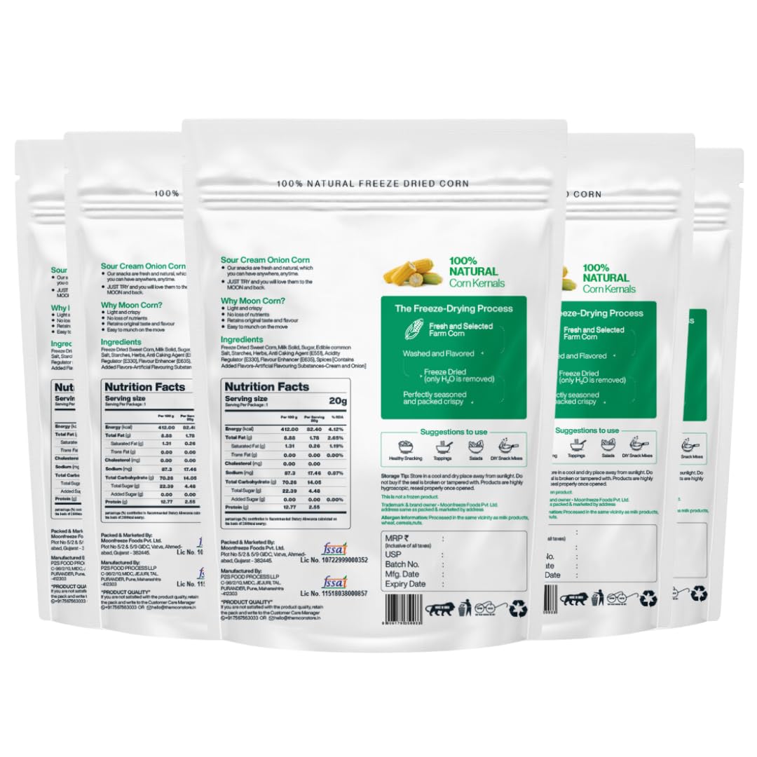 Moon Freeze Dried Sour Cream Onion Crispy Corn 20g Pack of 05 (20g X 5) |Not Baked or Fried | No GMO |No Oil & Preservatives | Healthy Snacks | Source of Fiber | 100% Natural Light & Crispy Corn