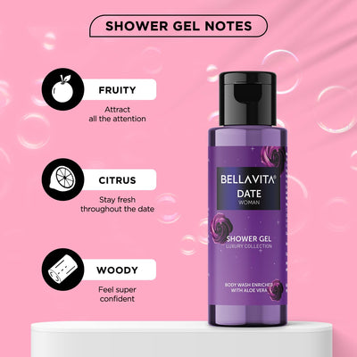 Bella Vita Luxury Women Trial Mini Kit|Date, Glam & Senorita Body Wash Refreshing Shower Gel, Fruity, Floral for Deep Cleansing with Aloe Vera, 55 Ml Each