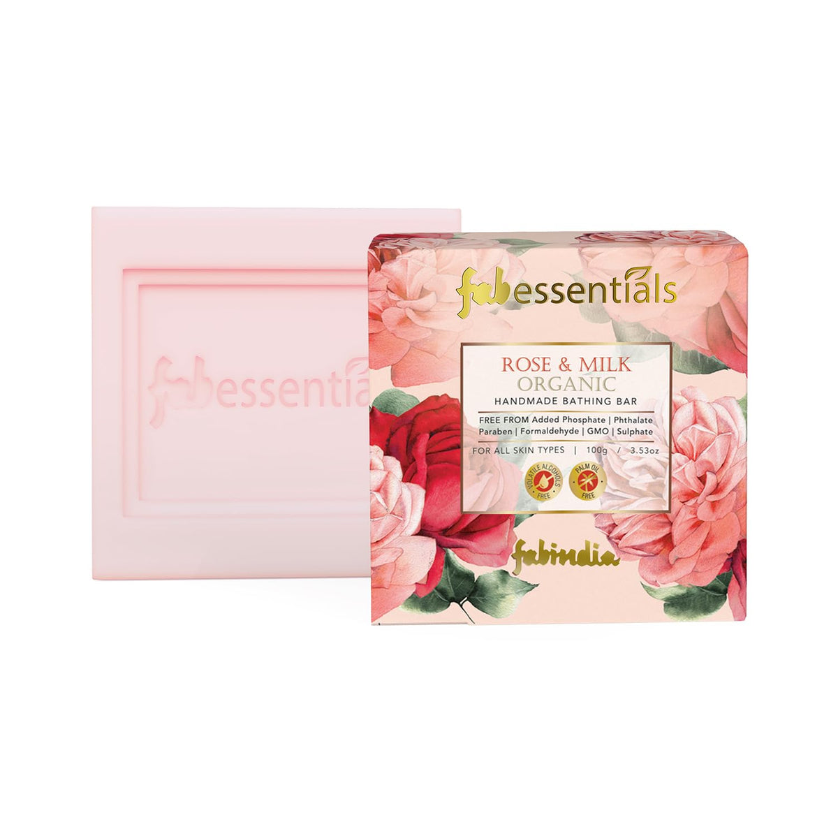 8x Fabessentials Rose & Milk Handmade Bathing Bar | 100% Organic | with Coconut Oil & Vitamin E | Cleanses, Nourishes & Brightens Skin | Vegan & Palm-Oil Free - 100 gm Pack of 8