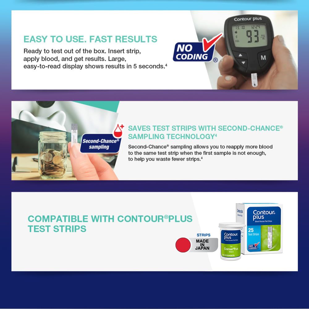 Contour Plus Blood Glucose Monitor, Glucometer with 25 Free Test Strips | Accurate Diabetes Testing Kit.