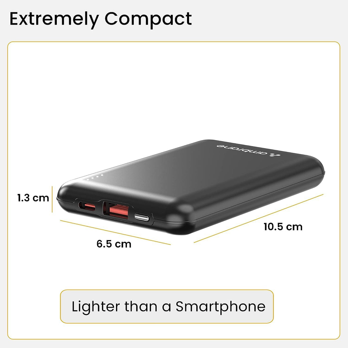 Ambrane 10000mAh Slimmest & Compact (Pocket/Bag Friendly) Powerbank, 22.5W Fast Charging, USB & Type C Output, Power Delivery, Quick Charge for iPhone, Android & Other Devices (Powerlit, Black)